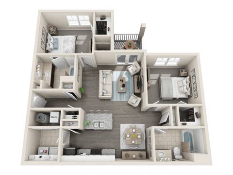 Floor plan for 2 beds, 2 baths, 1090 sqft
